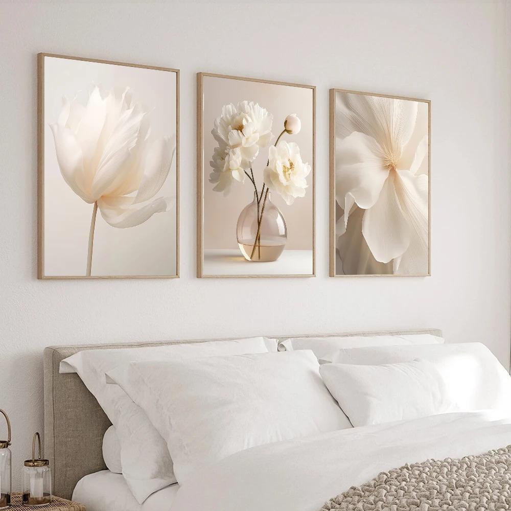 Nordic Beige Peony Flowers Canvas Painting Modern Floral Botanical Posters Aesthetic Wall Art Home Decoration