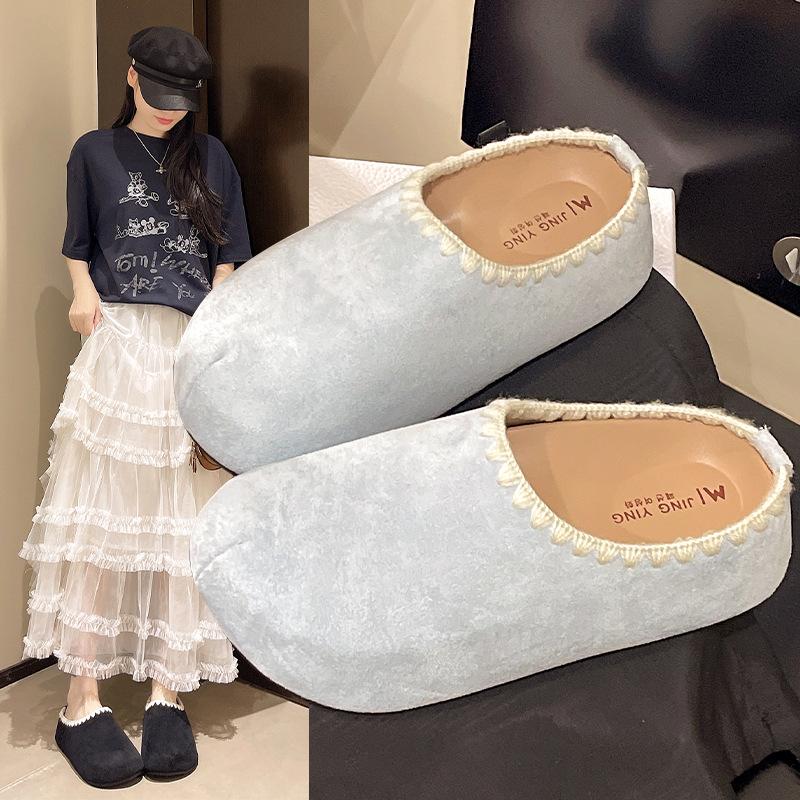 Fashion thick-soled heightening fluffy slippers for women's outer wear 2025 autumn and winter new Baotou casual Birken warm Baotou drag
