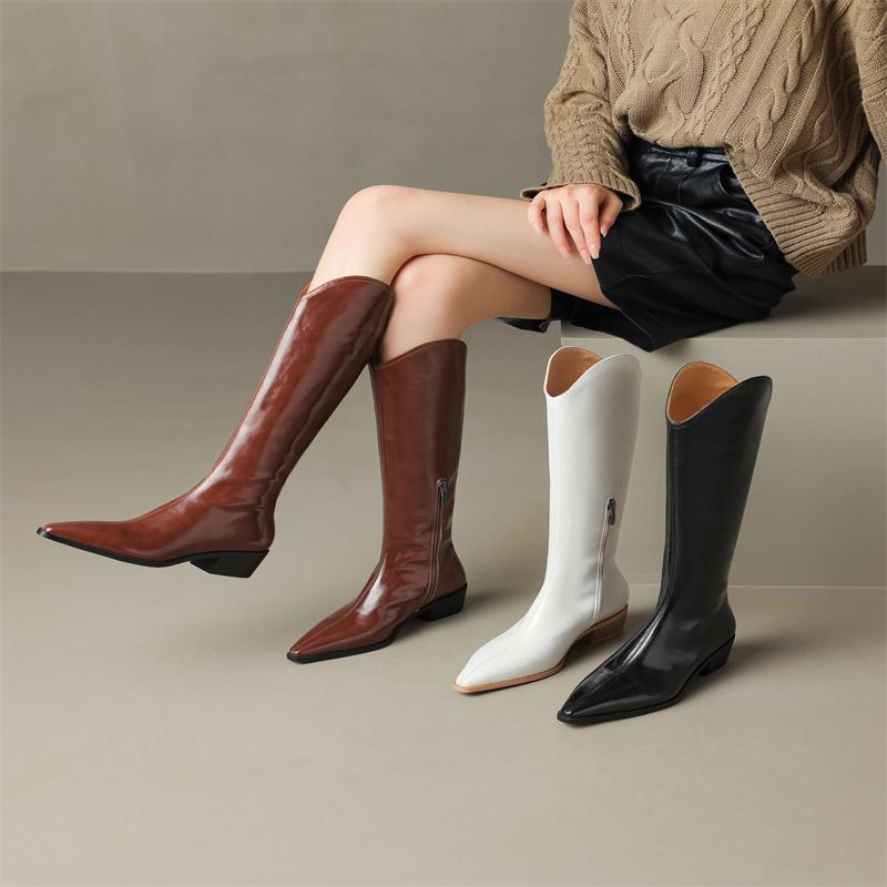 Fashion Women's new autumn and winter pointed leather cowhide heel, extra large and knee high, side zippered western boots