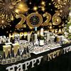 Happy New Year Backdrop, 72 x 44 Inch Large Happy New Year Banner 2026 Black Gold Background Banners for New Years Decorations 2026