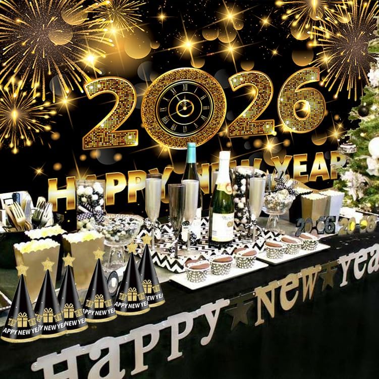 Happy New Year Backdrop, 72 x 44 Inch Large Happy New Year Banner 2026 Black Gold Background Banners for New Years Decorations 2026