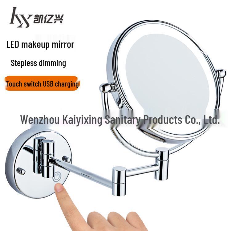 Wall-Mounted LED Touch Makeup Mirror with Recessed Wiring, Telescopic Fold, for Hotel Bathrooms