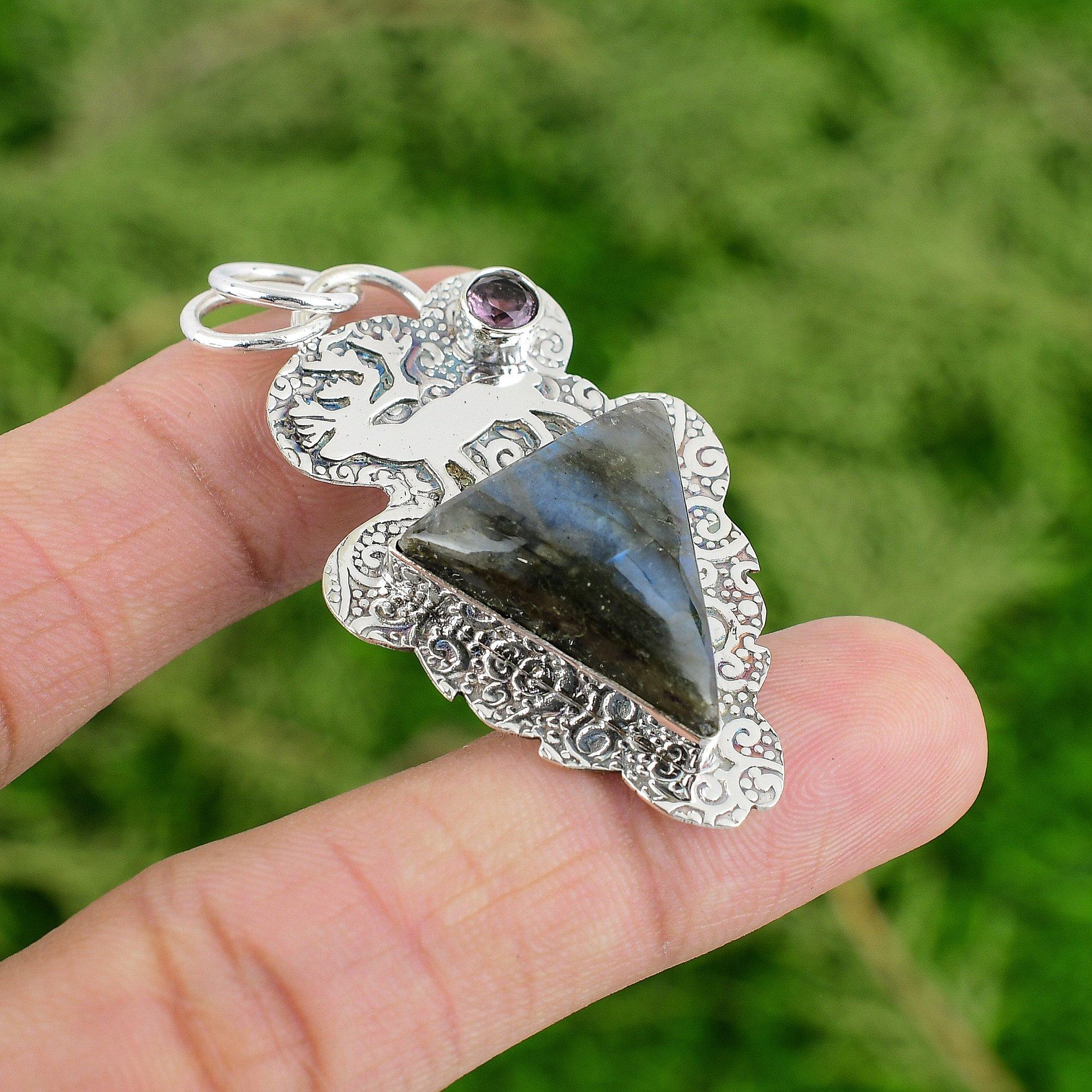 

Natural Labradorite African Amethyst Sister Art Deco Pendant Jewelry 925 Silver