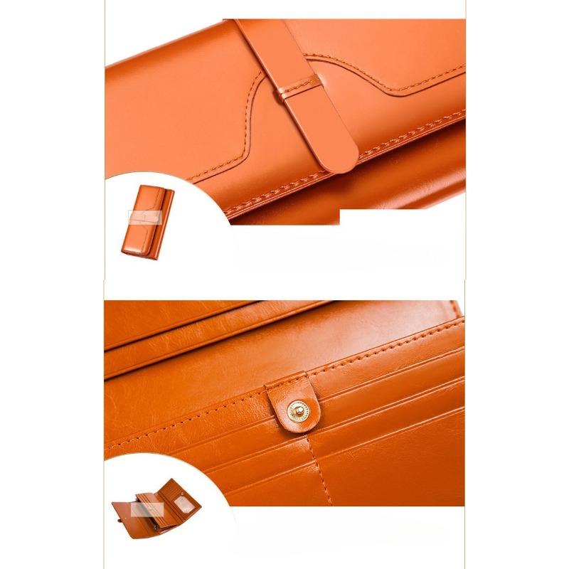 Pure leather three fold women's wallet, long buckle leather, cowhide, multi slot large capacity Korean version women's wallet, leather wallet