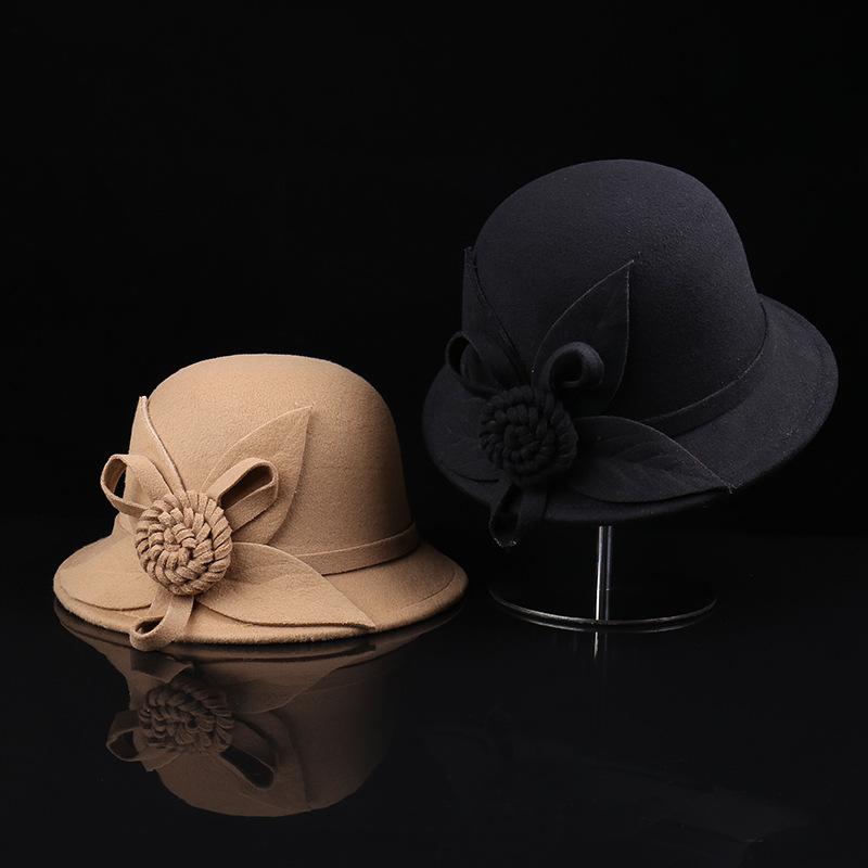 Solid color literary basin hat women shopping vacation French top hat autumn and winter flower felt hat woolen brim