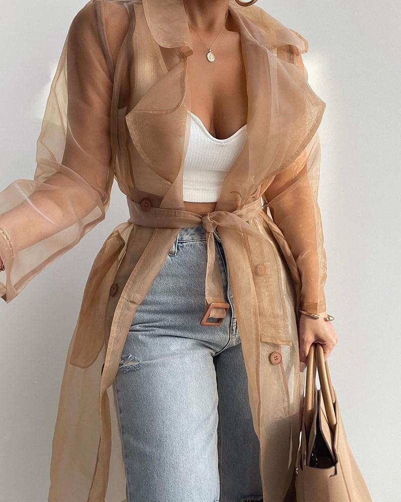 Light Brown Transparent Long Trench Coat with Belt and Double-Breasted Buttons