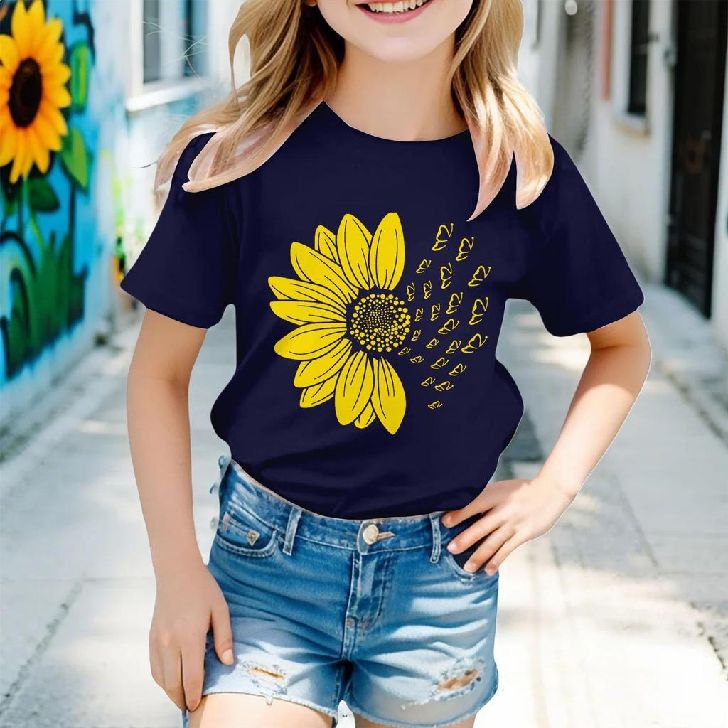 Kids Fashion Short Sleeve Round Neck Floral Printed Casual T-Shirt Top