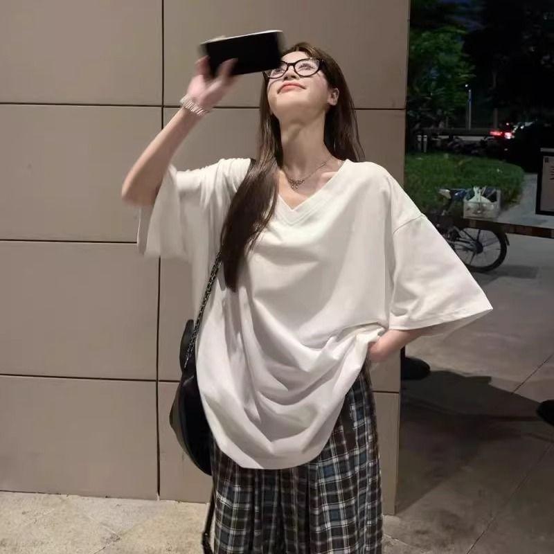 

Женская футболка оверсайз серого цвета, сетчатая версия, с коротким рукавом, V-образным вырезом, летняя, свободная, хлопковая, с большим вырезом, скрывающая живот, стройнящий топ White L