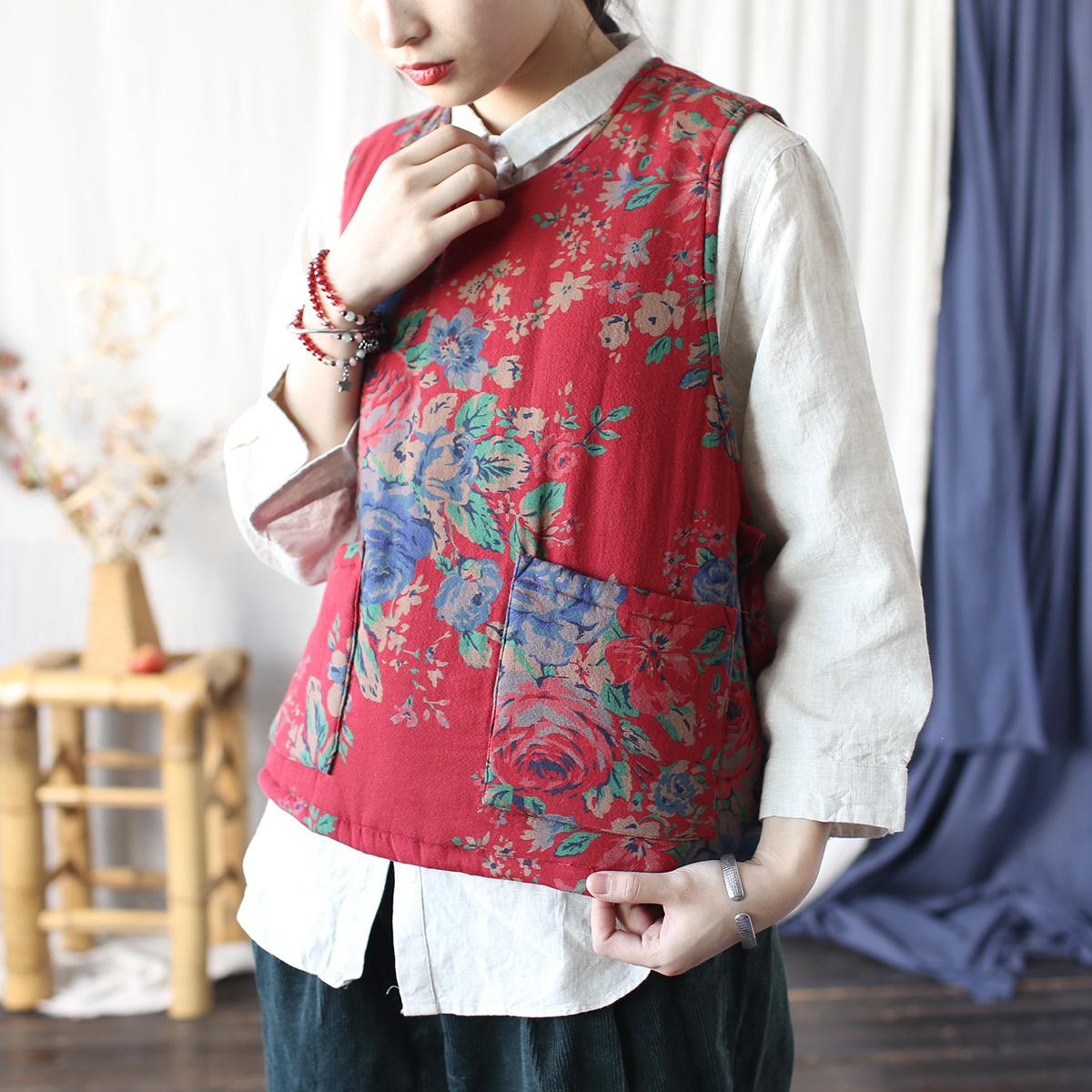 

Johnature Женская зимняя мода принт винтажный стиль свободный ретро с круглым вырезом китайский стиль повседневные топы One Size красный