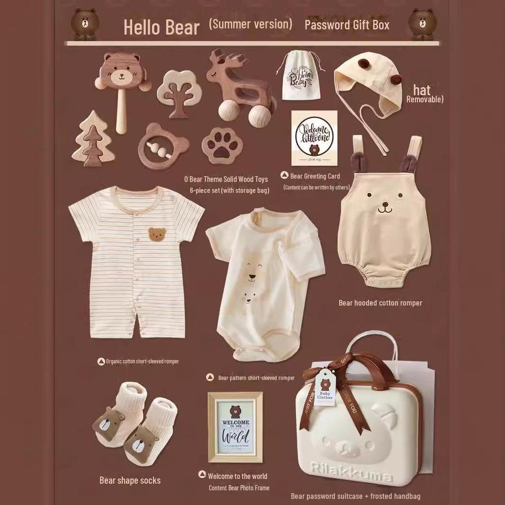 Conjunto de presente de urso de algodão orgânico com brinquedo de madeira em mala – presente unissex de primavera para o inverno