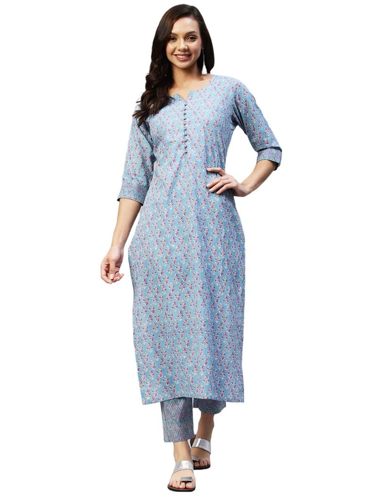 Gosriki Women'S Cotton Blend Straight Printed Kurta With Palazzo (Padwil Blue_3Xl-Go_ Blue_Xxx-Large)