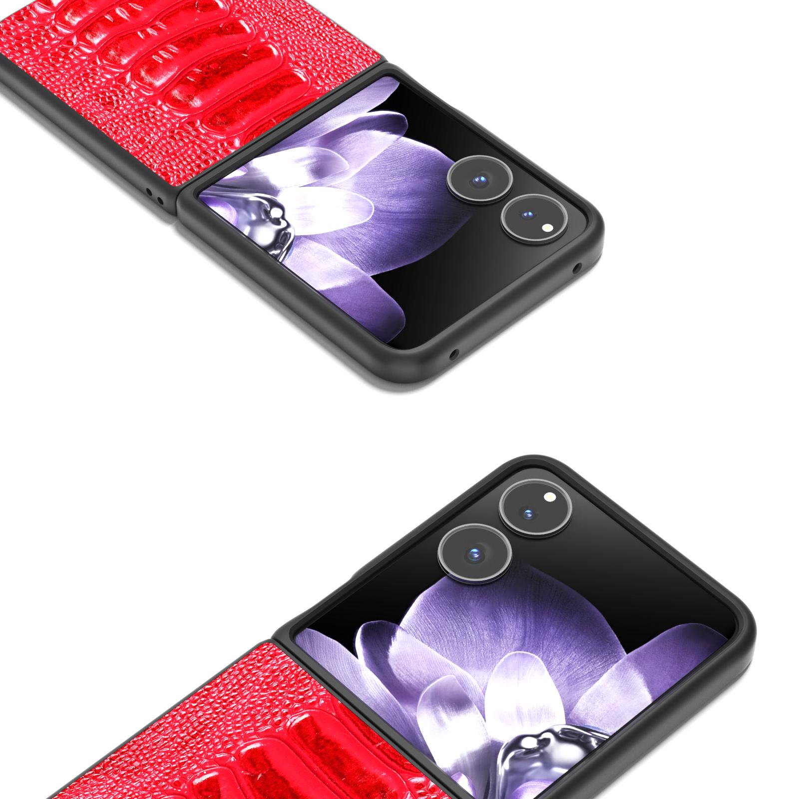 

ABEEL For Xiaomi Mix Flip 5G Case Genuine Cow Leather Coated PC Phone Cover Crocodile Texture Red