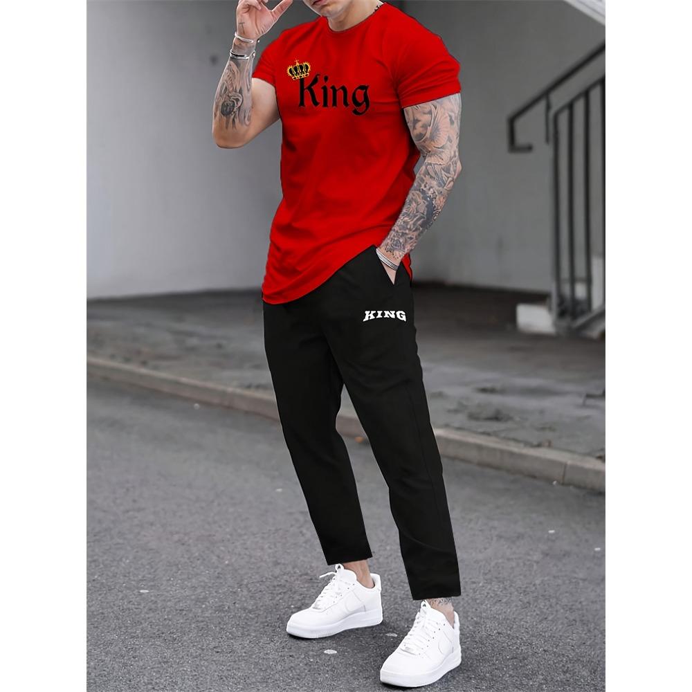 2 Piece Regular Fit Men's Jogger Pants Letter Printed Men's Short Sleeve T-Shirt Set Street Outdoor Casual Fashion Set