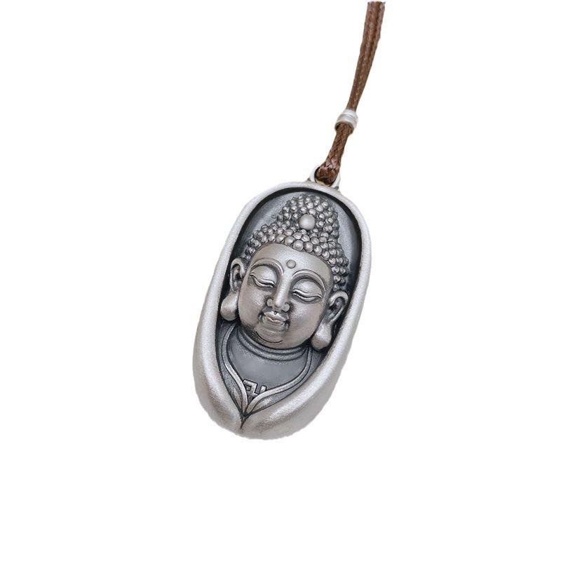 999 Sterling Silver Buddha Head Pendant Necklace with Lotus for Women - Retro Ethnic Style