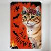 Halloween Tabby Cat with Floral Crown Metal Tin Sign, Spooky Bats & Jack-o'-Lantern Wall Decor for Home Cafe Bar Party Decoratio