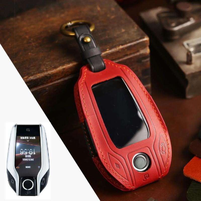 

Styling Mouldings Genuine leather Key Case for Car for BMW X7 325Li X3 525 LCD Key Protection sleeve Protective shell Keychain H червоний