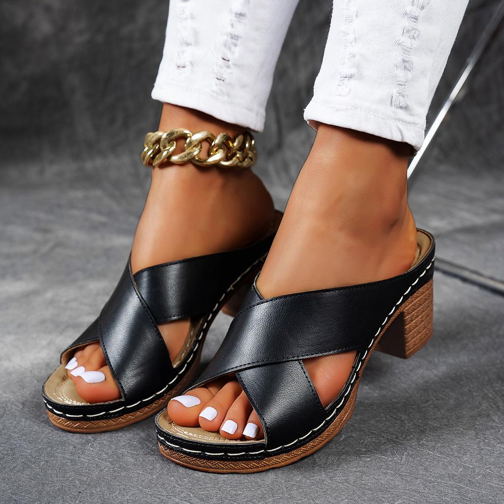 Summer Womens Cross Strap High Heel Sandals With Pu Upper For Casual Wear