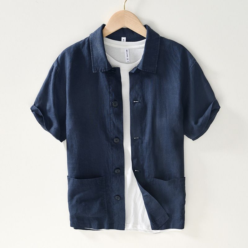 Japanese Thin Breathable Men Short-sleeved Shirt for Summer New Solid Color Lapel Casual Half-sleeved Cardigan