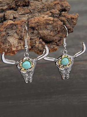1 Par de Brincos Retrô Turquesa de Crânio de Chifres Longos com Design de Flor Taurina Joia Western de Cowboy Presente