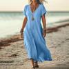 Vestido Longo Casual de Verão para Mulheres, Gola V, Manga Curta, Algodão e Linho, Cor Sólida