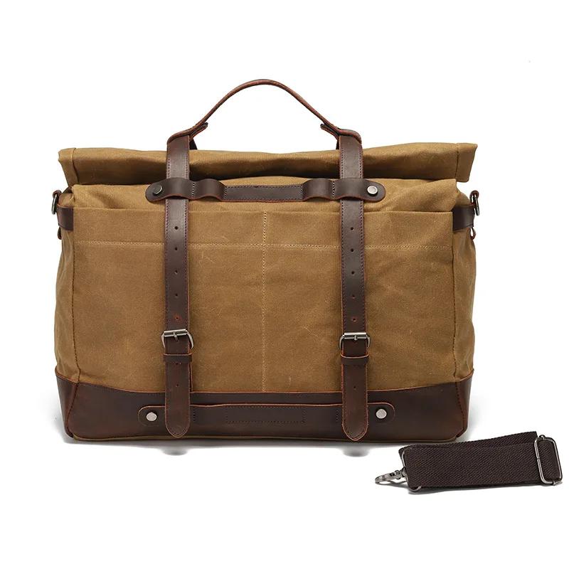 Large Capacity Men's Portable Travel Bag Outdoor Waterproof Luggage Bag Oil Wax Canvas with Crazy Horse Cowhide Crossbody Bag