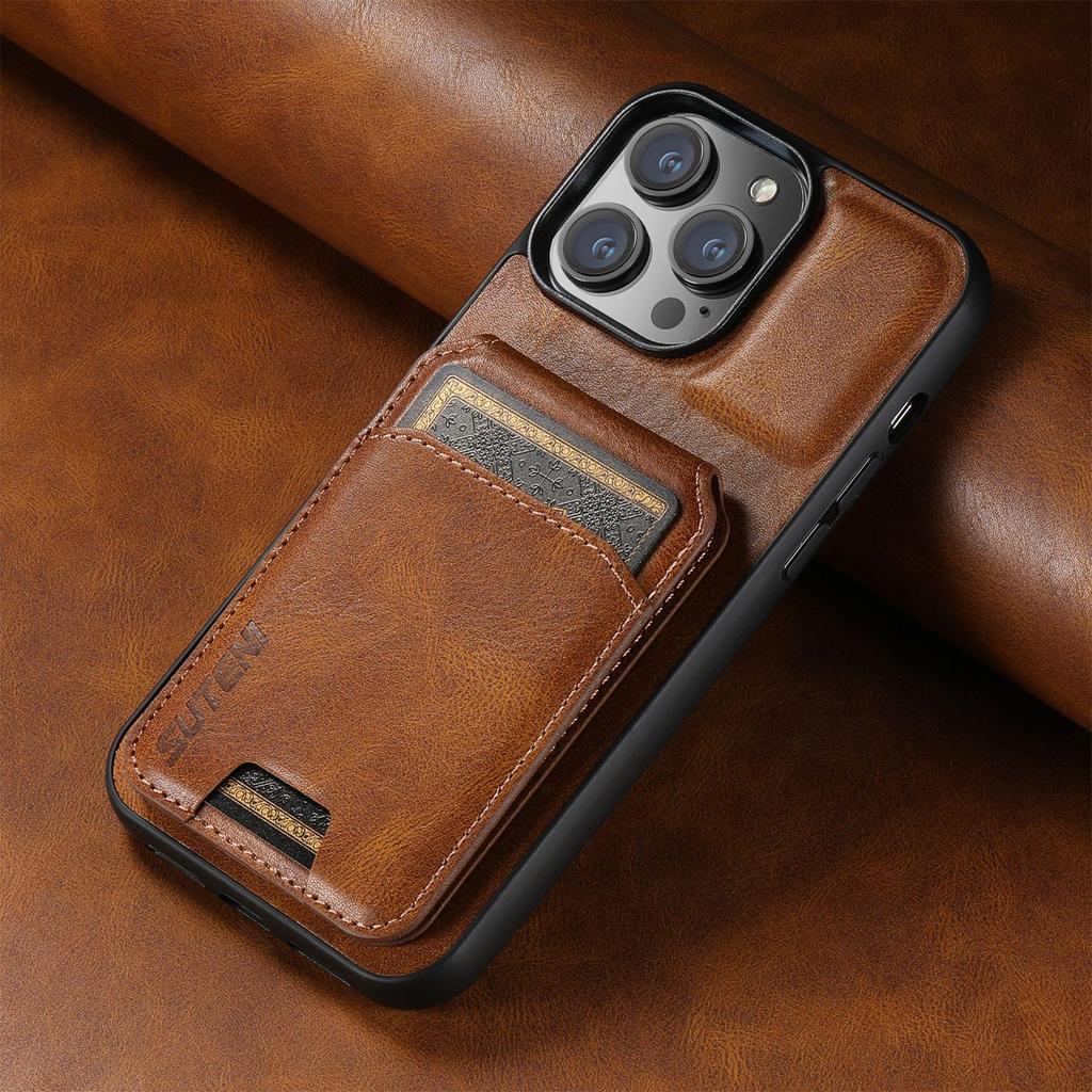 Capa de couro com compartimento para cartão e suporte para iPhone 16 Plus, Apple 14, Samsung S25 Ultra e Google 9 Pro