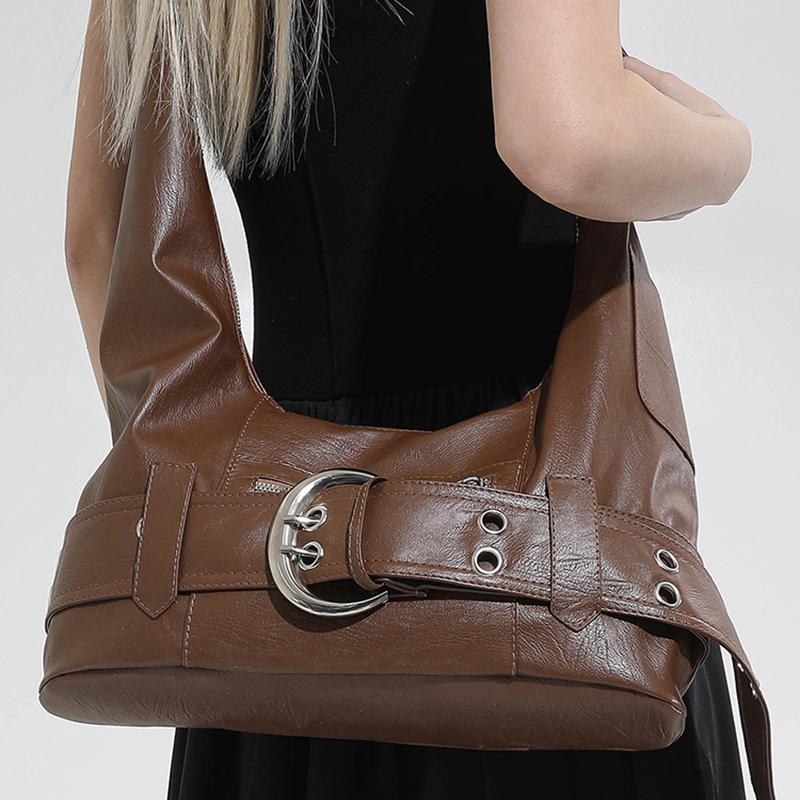 Retro Luxury Belt Buckle Shoulder Bag, Y2k Hot Girl Motorcycle Bag, Fashion Rivet Large Capacity Handbag Crossbody Dumpling Bag
