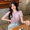 Women's Short Sleeves Cardigan Single-breasted Lapel Sweet Plaid