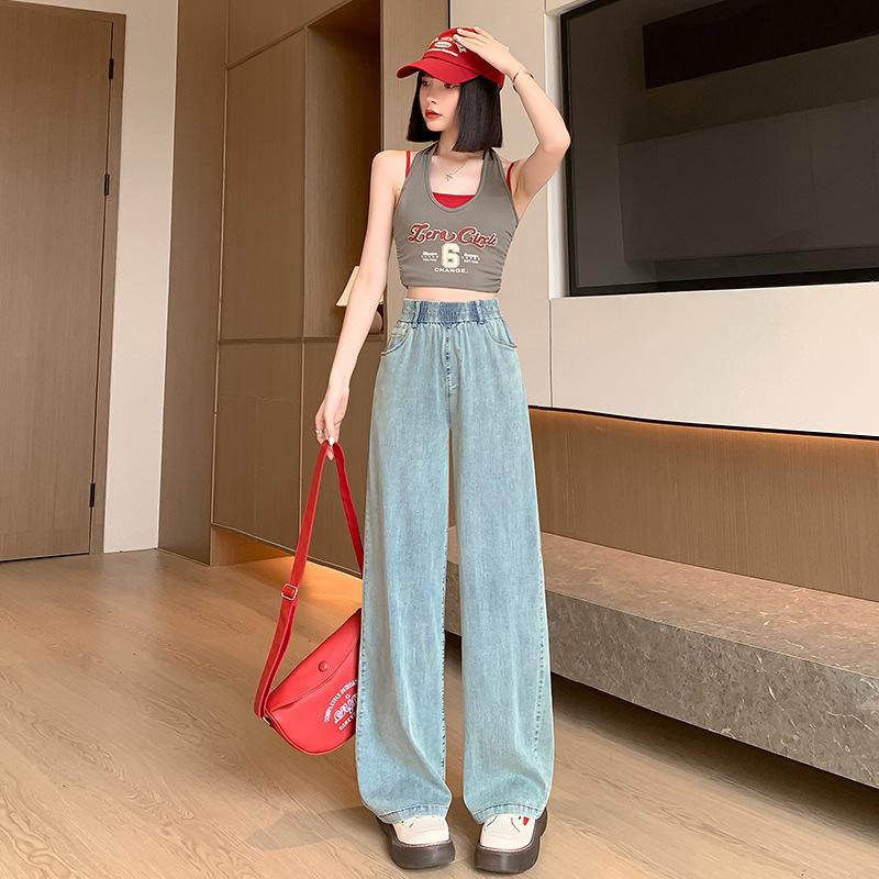 Summer High Waist Denim Jeans Women Wide Leg Loose Casual Blue Jean Full Length Pants Trousers