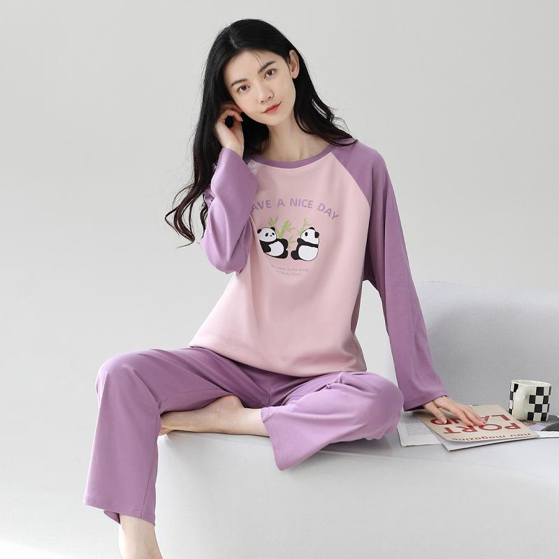 Cotton Pajamas Set Women Loose Fit Sleepwear Long Sleeve Two-Piece Loungewear Home Wear Comfortable Outfit Plus Size Options Breathable Fabric