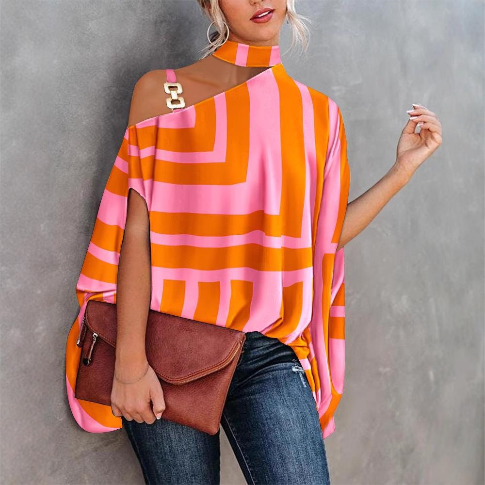 Blusa Casual da Donna con Scollo all'Americana, Spalle Scoperte, Maniche Corte a Pipistrello, Stampa Raso, Orlo Asimmetrico