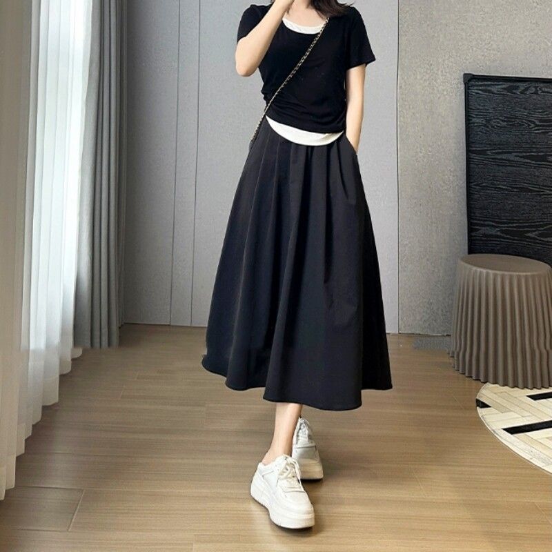 2026 Summer New Anti-Wrinkle Black Umbrella Skirt Plus Size Loose Hip-Covering Slimming Mid-Length A-Line Skirt