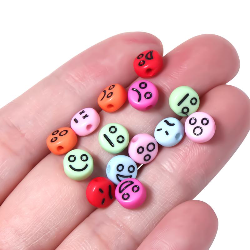 100Pcs/Lot 7mm Acrylic Beads Emoticon Pattern Color Flat Round Hole Size 1.3mm Beads Diy Cute Bracelet Necklace Accessories