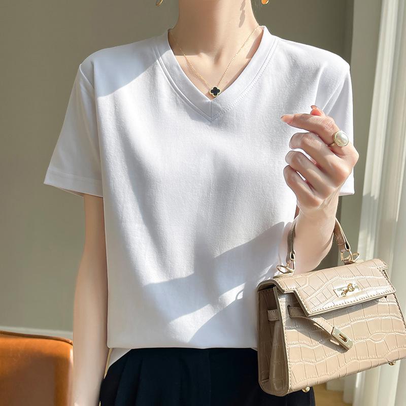 High-Quality Women's V-Neck Short-Sleeve Mercerized Cotton T-Shirt: Non-See-Through, Casual, Sweat-Absorbent, Breathable, Versatile Fit.