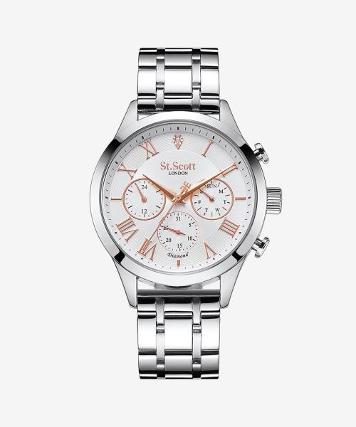 

[St Scott LONDON] St Scott LONDON Hestia Diamond Multi-function Watch with Leather Band - White ST7501M-SSS1 FREE