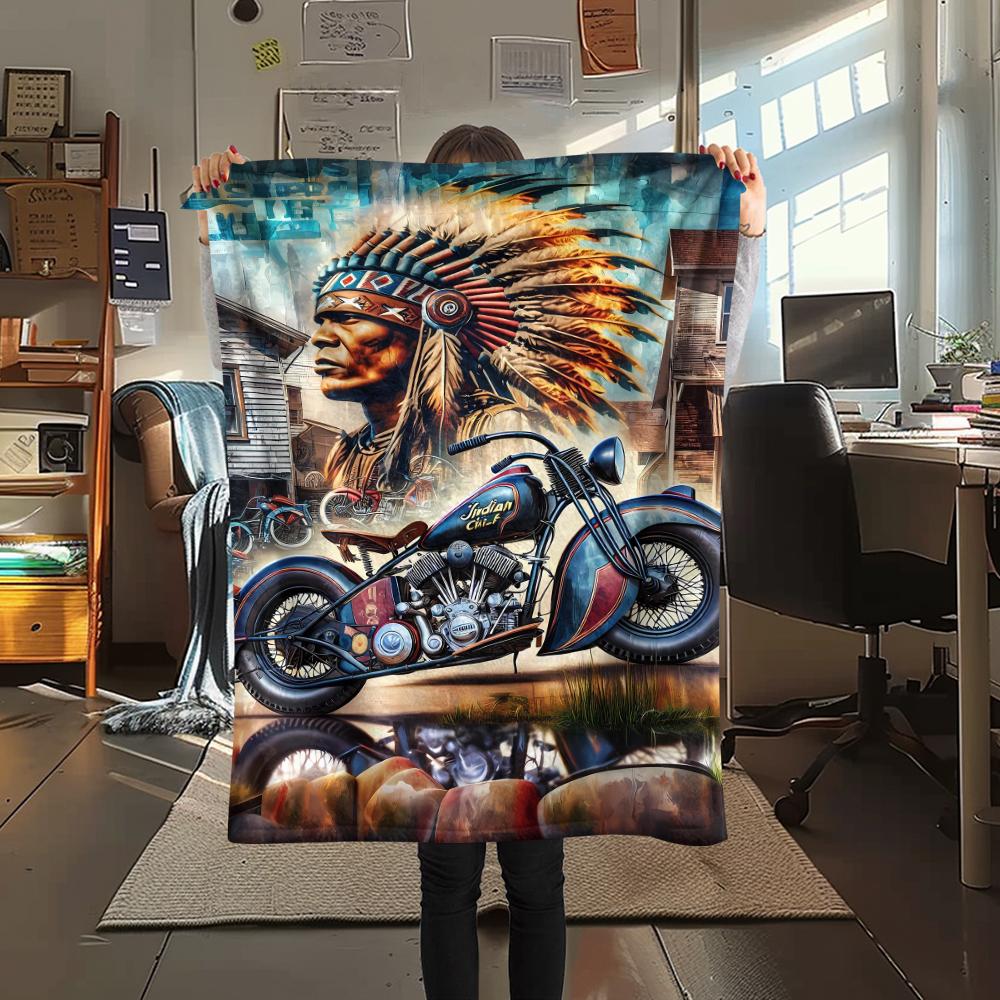 

1Pc Indian Chiel Motor Print Flannel Blanket, High quality Comfortable for All Seasons, Home Decor, Warmth and Comfort, Perfect for Christmas Gifts 80cm x 120cm