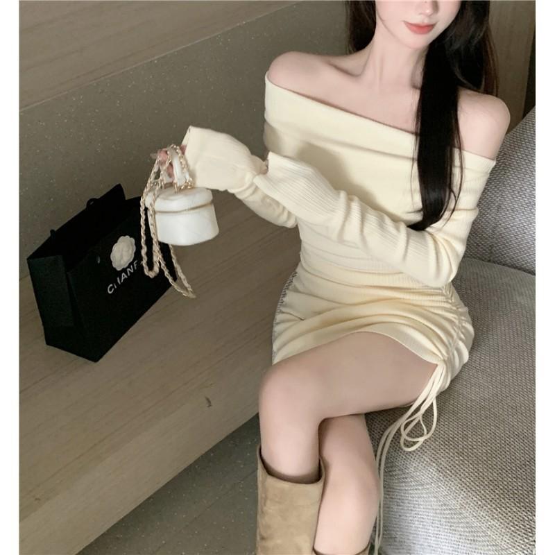Pure Desire Hot Girl One-word Off-the-shoulder Long-sleeved Knitted Dress Women Sexy Slim Tight Drawstring Package Hip Short Skirt