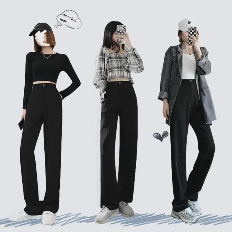 Women's Black Wide-Leg Drape Trousers - Summer Straight Pants