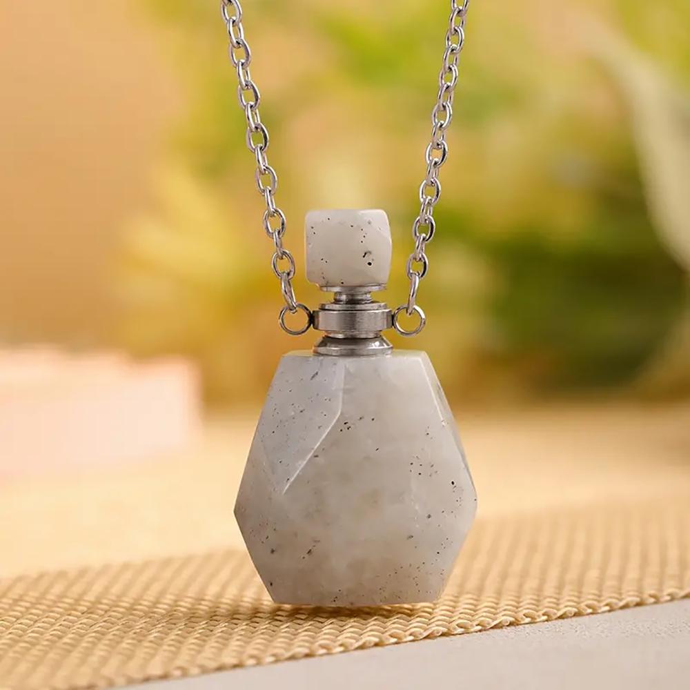1pc Natural Stone Perfume Bottle Pendant Necklace Stainless Steel Aromatherapy Essential Oil with Stone Quartz for Women