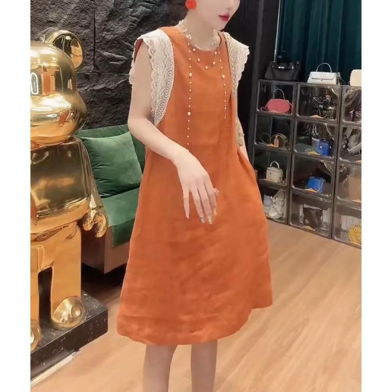 

Womens Casual Solid Color Lace Sleeveless Beaded A Line Midi Dress M оранжевый
