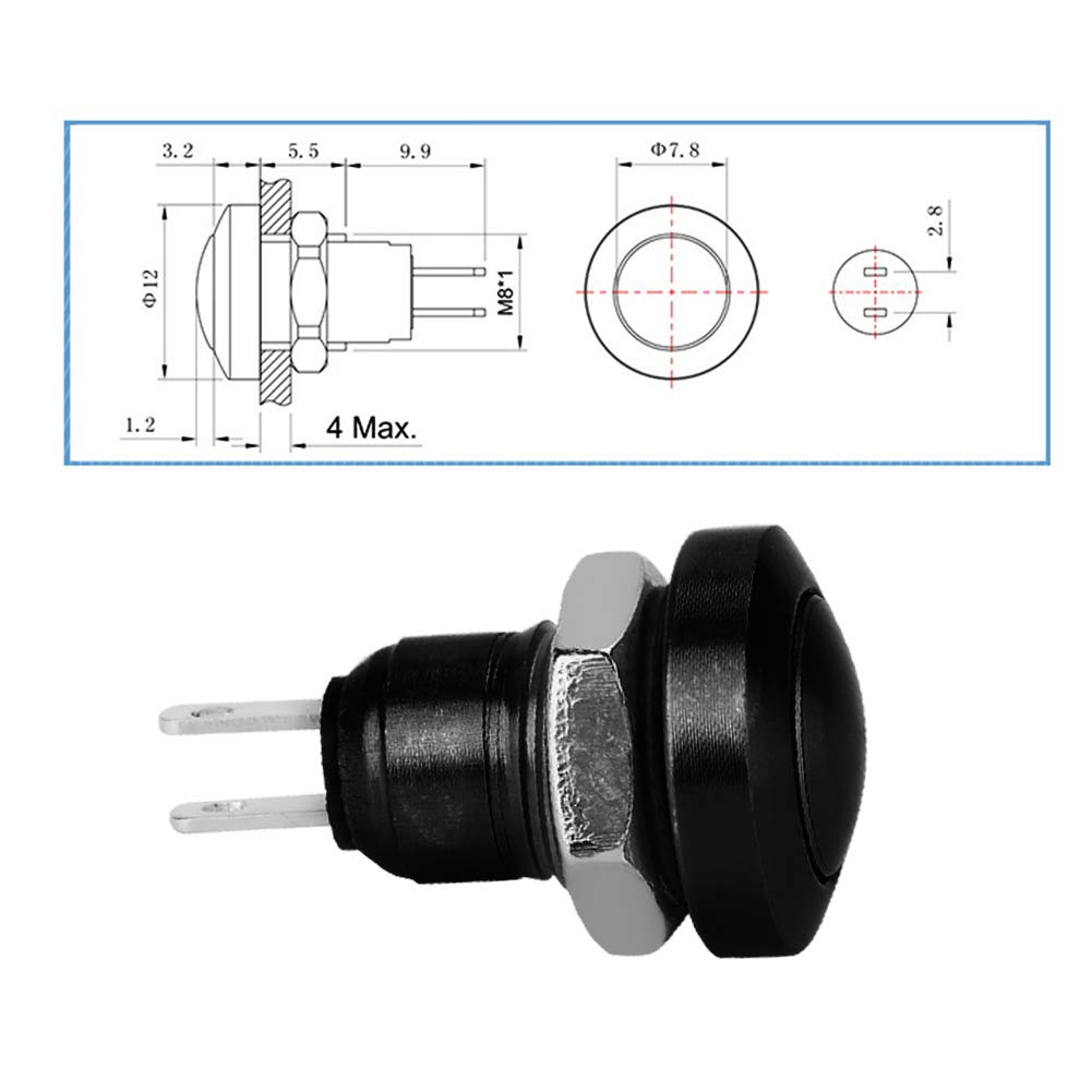 Car Momentary Push Button Swicth 1A 24V 8mm Mini Push Button Power Switch Zinc-Aluminium Alloy Shell for 8mm Mounting Hole(Black)
