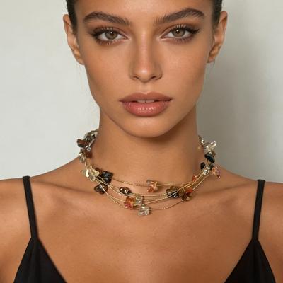 Korean Fresh and Sweet Temperament High Sense Multi-layered Hand-woven Crystal Colored Butterfly Flower Collarbone Chain