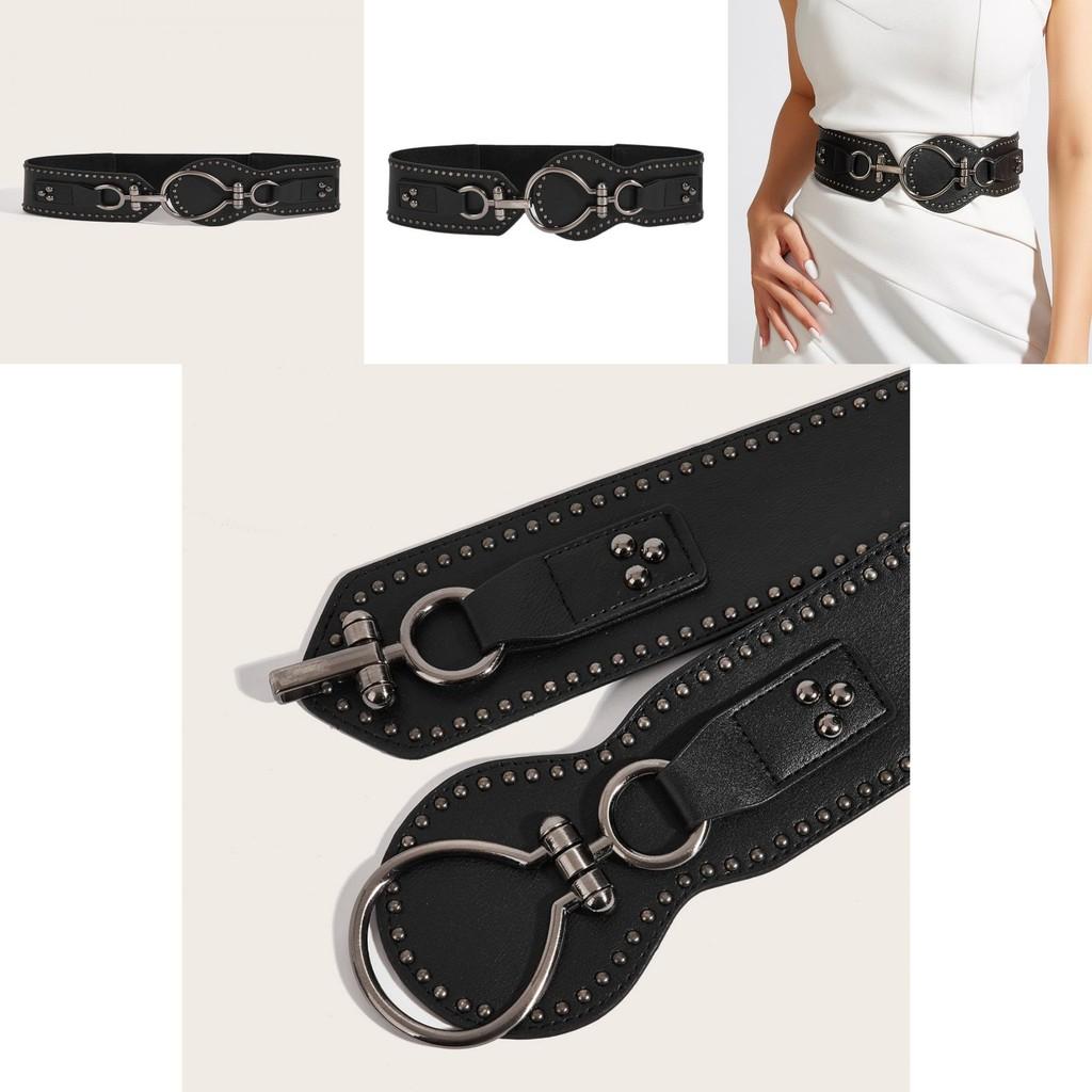 Fashion Solid Color Large Circular Buckle And Rivet Design Wide Waistband For Women