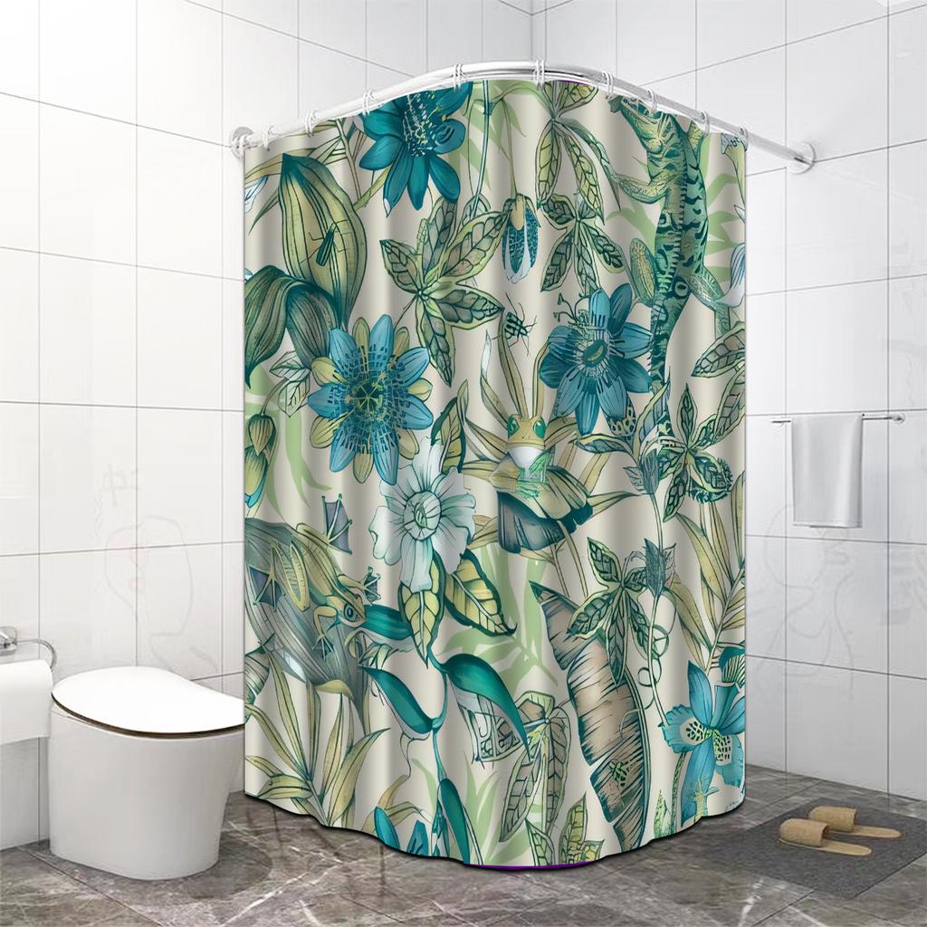 1Pc Green Leaf Shower Curtain Bathroom Decor With Artistic Tropical Leaf Pattern, Shower Curtain For Bathrooms
