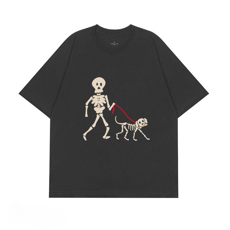 Skull Man Walking Dog Pattern Print Men's T-Shirt Summer Vintage Kawaii Men Women Surfing Beach T-Shirt Breathable Casual Top