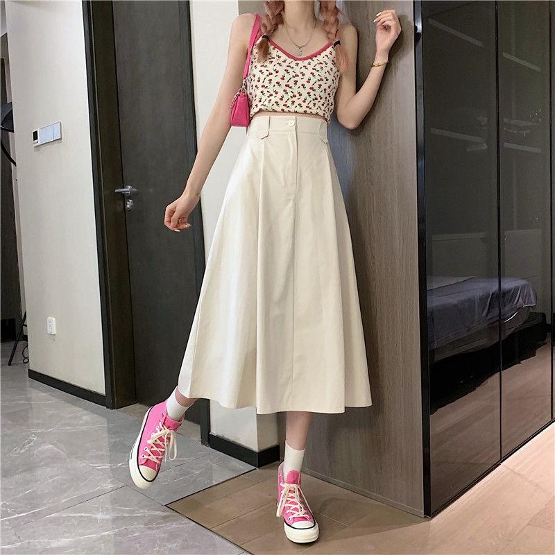 Women's Long Skirts Elastic High Waist Casual Skirt Girl's Spring Summer Solid Color A-line Skirts All-match Hot Pleated Skirt