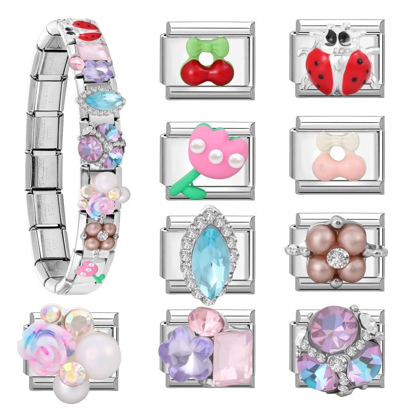 Fashion Cherry Flower Heart Star Dreamy Shiny Zircon Y2K Italian Charm Links Fit 9mm Bracelet Stainless Steel DIY Making Jewelry