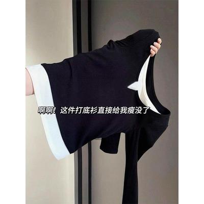 Schwarzes Unterhemd, neues Frühjahrs- und Herbst-T-Shirt, koreanische Version mit gefälschtem Zweiteiler-Patchwork, figurbetont, lange Ärmel, dünne gestapelte Oberteile