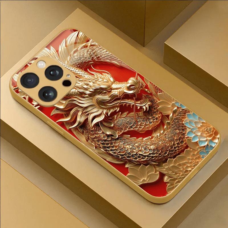 

Golden Dragon Print Gold Metallic Paint Glass Phone Case For iPhone 17 16 15 14 13 12 11 Pro Max 15 14 Plus 17 Air 16E Cover iPhone 13 Pro