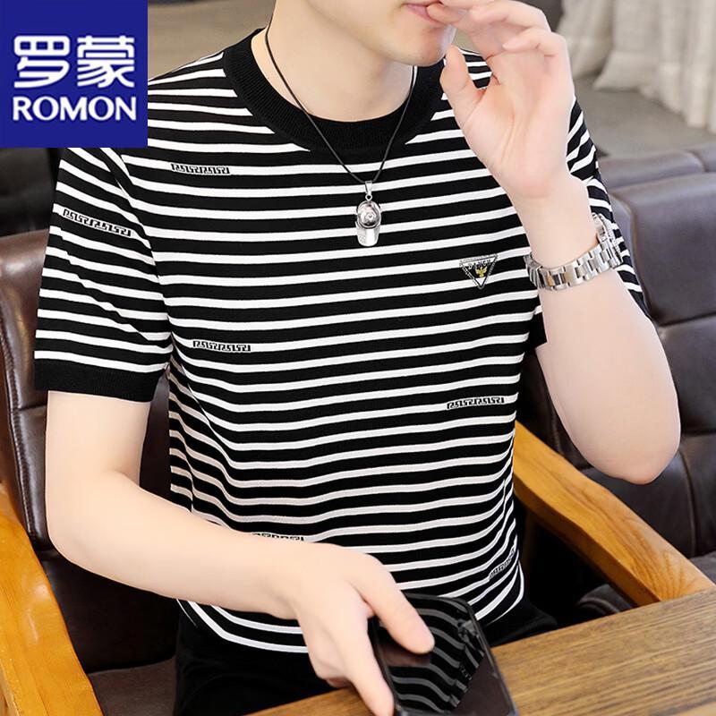 

Romon Men s Breathable Ice Silk Striped T-Shirt 2XL